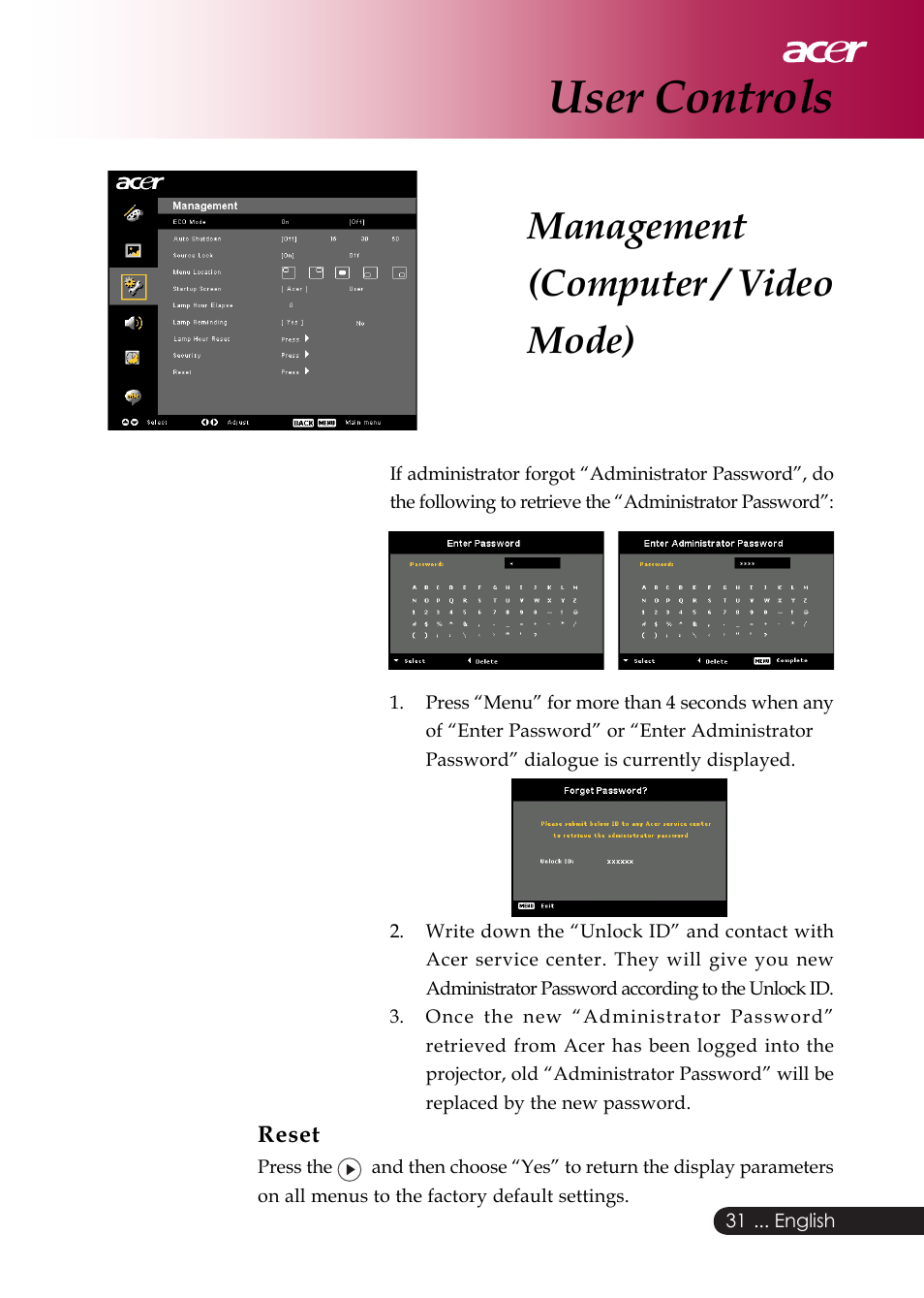 User controls, Management (computer / video mode) | Acer PD126D series User Manual | Page 33 / 47