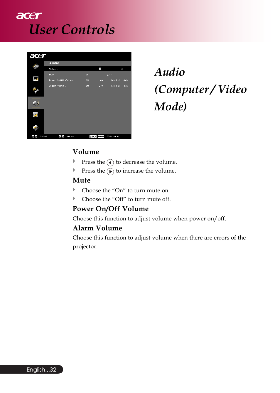 User controls, Audio (computer / video mode) | Acer PD126D series User Manual | Page 34 / 47