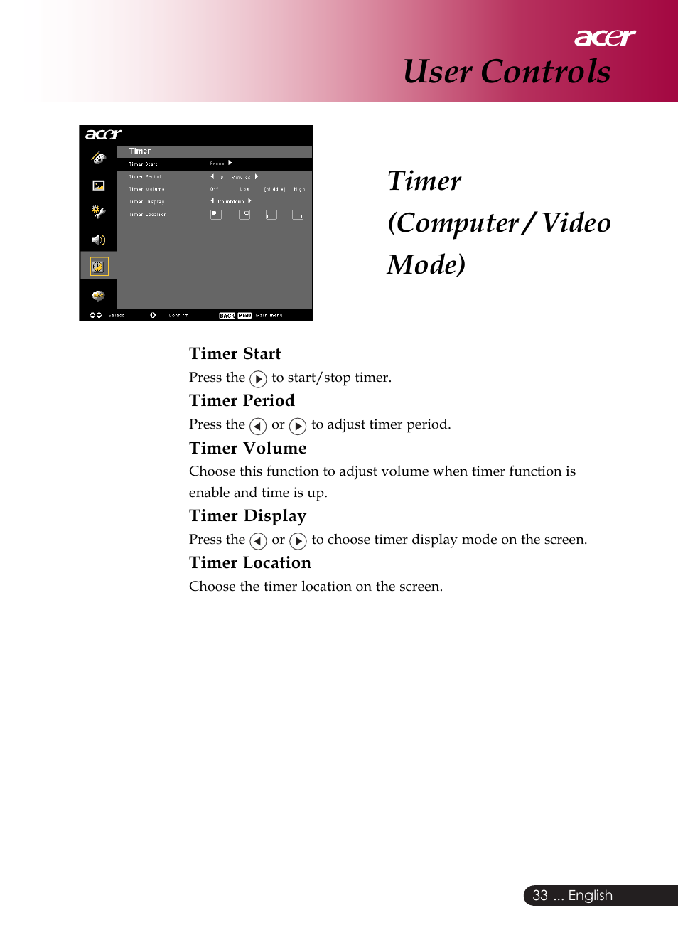 User controls, Timer (computer / video mode) | Acer PD126D series User Manual | Page 35 / 47