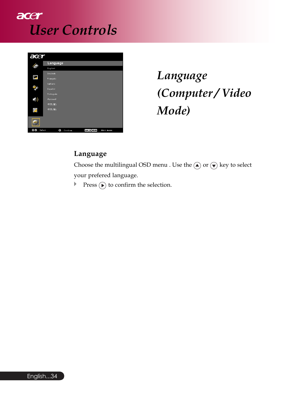 User controls, Language (computer / video mode) | Acer PD126D series User Manual | Page 36 / 47