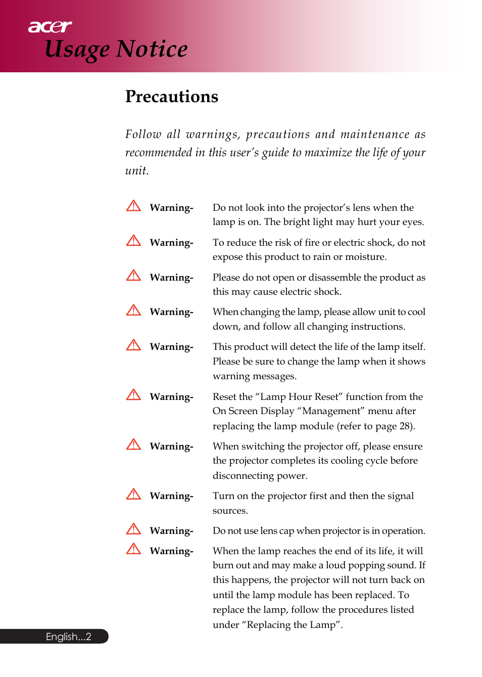 Usage notice, Precautions | Acer PD126D series User Manual | Page 4 / 47