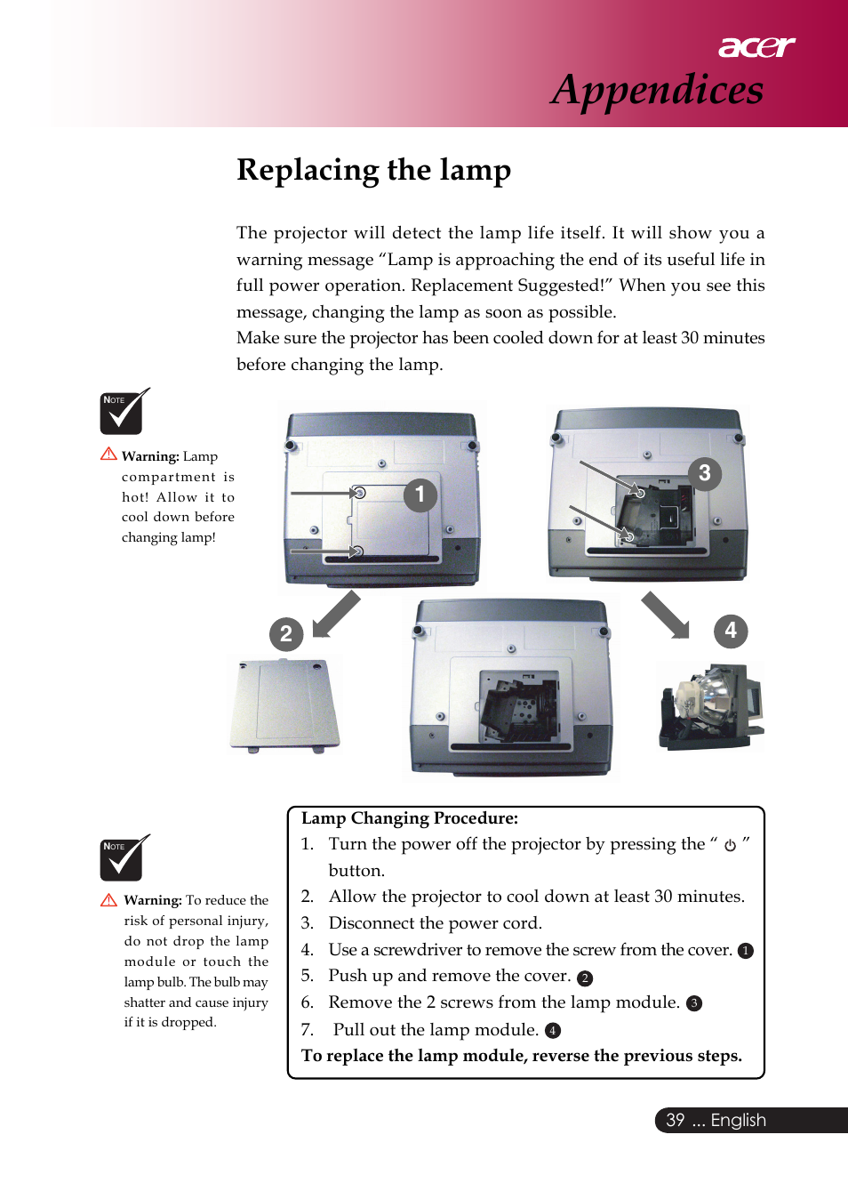 Appendices, Replacing the lamp | Acer PD126D series User Manual | Page 41 / 47