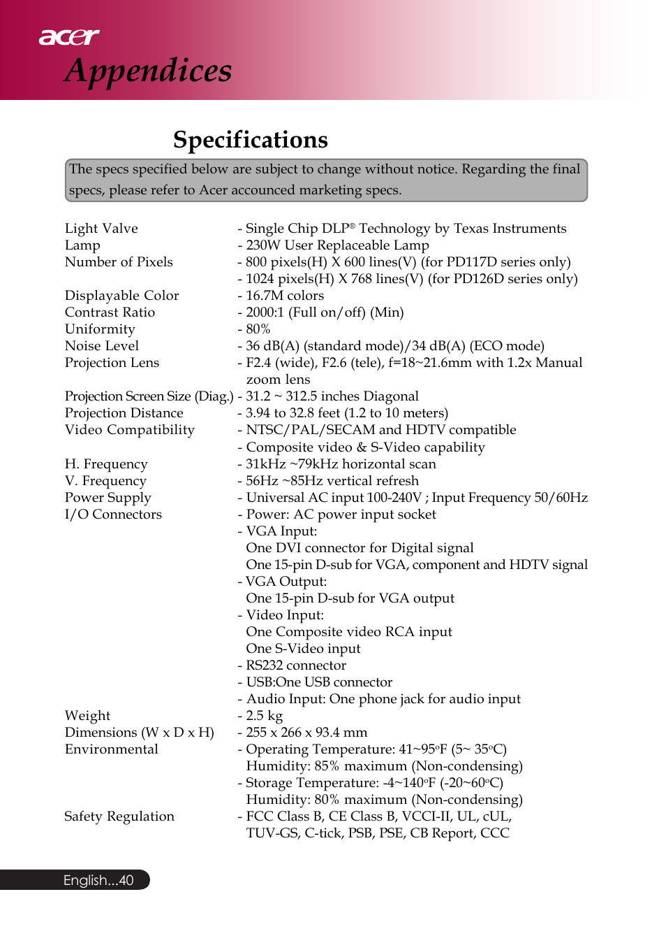 Appendices, Specifications | Acer PD126D series User Manual | Page 42 / 47