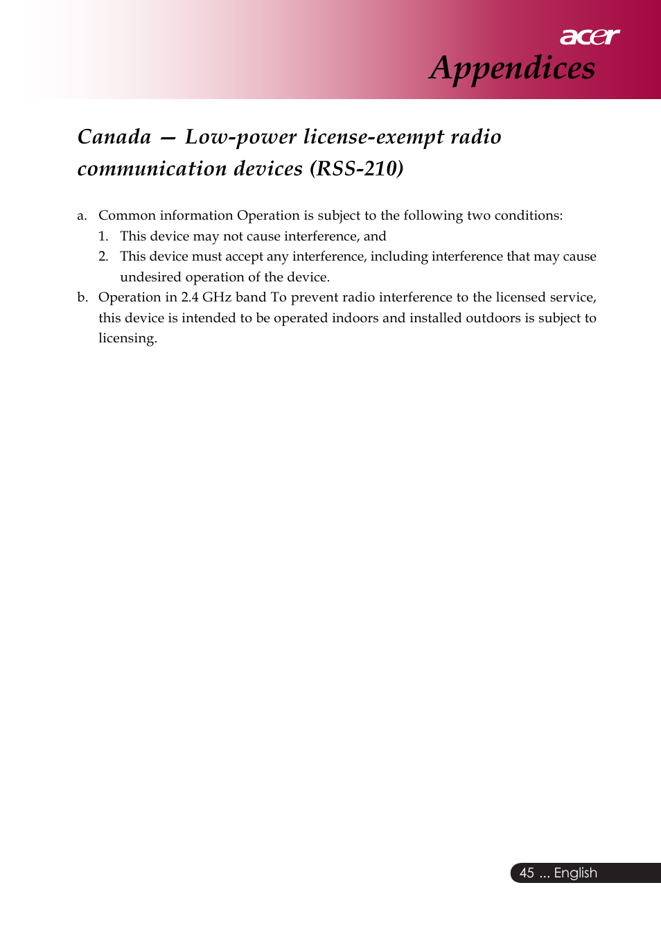 Appendices | Acer PD126D series User Manual | Page 47 / 47