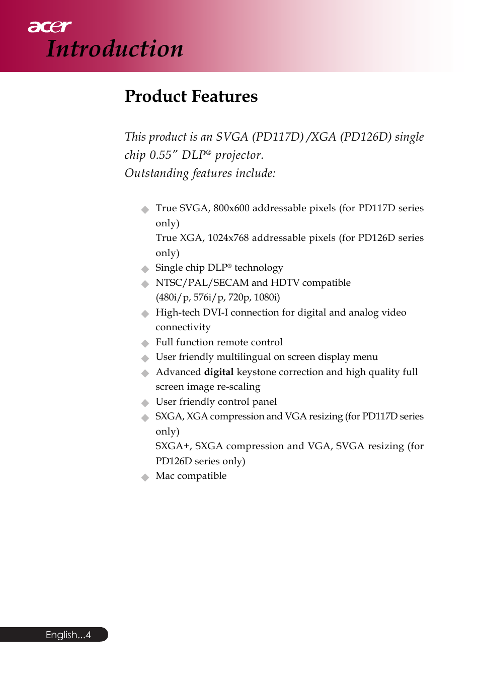 Introduction, Product features | Acer PD126D series User Manual | Page 6 / 47