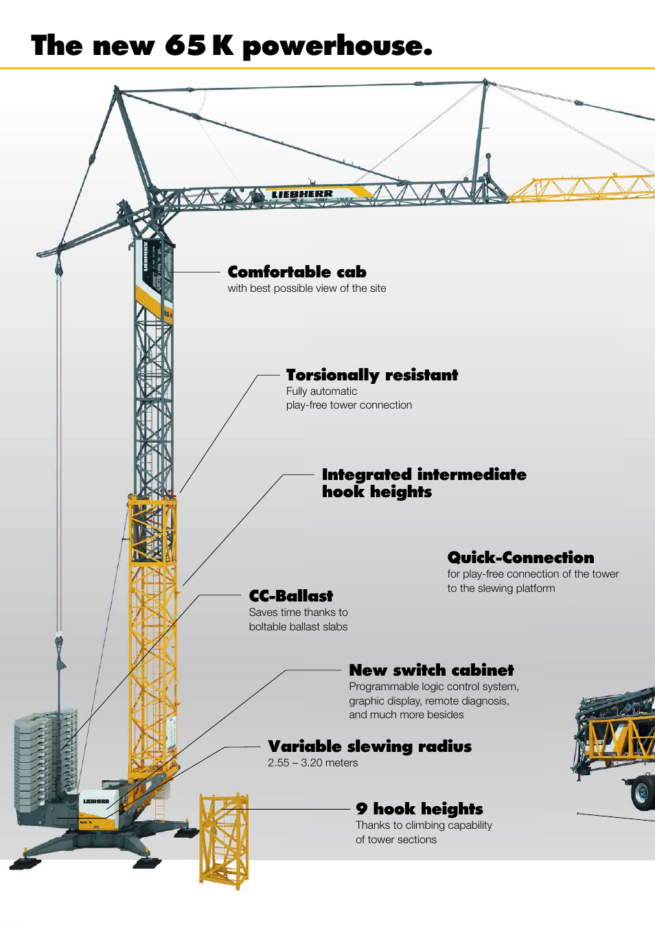 The new 65 k powerhouse, Comfortable cab, Torsionally resistant | Cc-ballast, Integrated intermediate hook heights micromove, 3 different jib lengths quick-connection, New switch cabinet, Compact to transport variable slewing radius, 9 hook heights, Speed 2 lift | Liebherr 65 K User Manual | Page 2 / 4