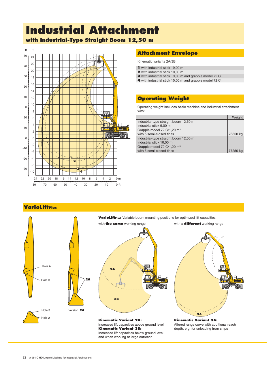 Industrial attachment, With industrial-type straight boom 12,50 m, Attachment envelope | Operating weight, Variolift | Liebherr A 954 C HD Litronic Material Handler User Manual | Page 22 / 28