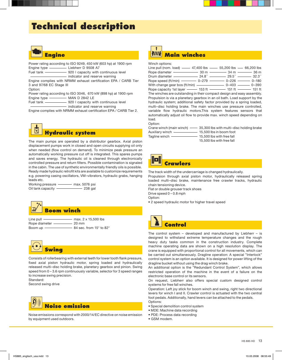 Technical description, Hydraulic system, Boom winch | Swing, Main winches, Crawlers, Control, Noise emission, Engine | Liebherr HS 885 HD Litronic User Manual | Page 13 / 16