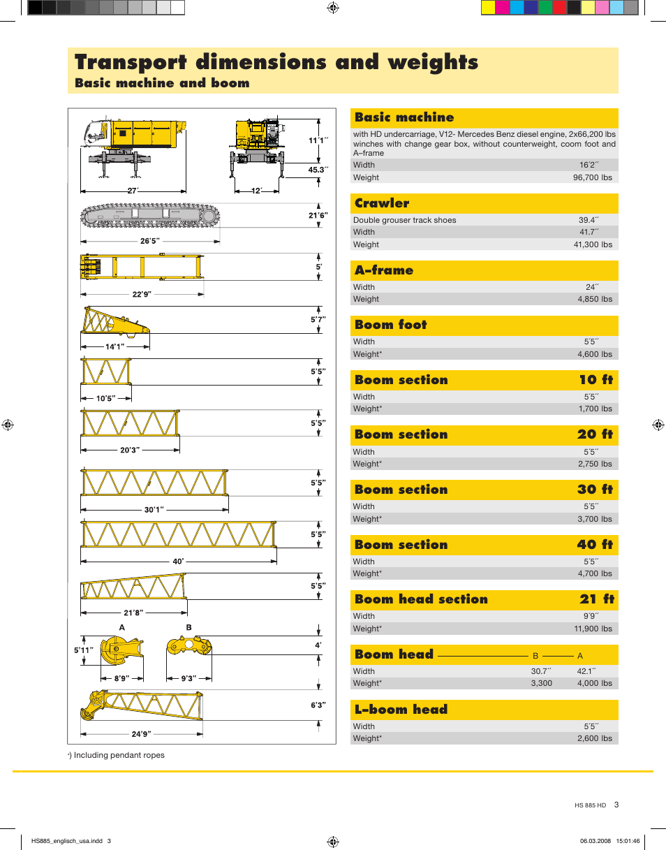 Transport dimensions and weights, Basic machine and boom basic machine, Crawler | A–frame, Boom foot, 10 ft, 20 ft, 21 ft, 30 ft, 40 ft | Liebherr HS 885 HD Litronic User Manual | Page 3 / 16