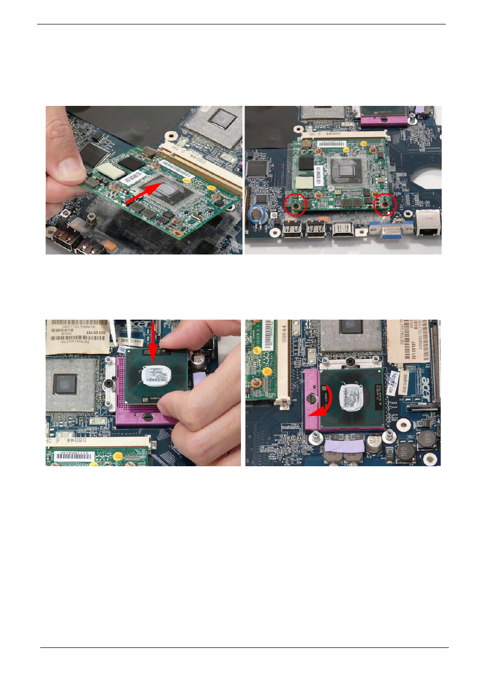 Main module reassembly procedure, Replacing the vga module, Replacing the cpu | Replacing the vga module replacing the cpu | Acer 4730 User Manual | Page 112 / 194