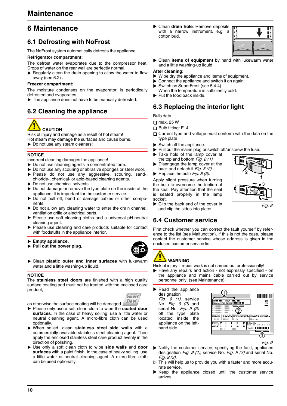 6maintenance, 1defrosting with nofrost, 2cleaning the appliance | 3replacing the interior light, 4customer service, 6 maintenance, Maintenance, 1 defrosting with nofrost, 2 cleaning the appliance, 3 replacing the interior light | Liebherr CNsl 3033 Comfort NoFrost User Manual | Page 10 / 12