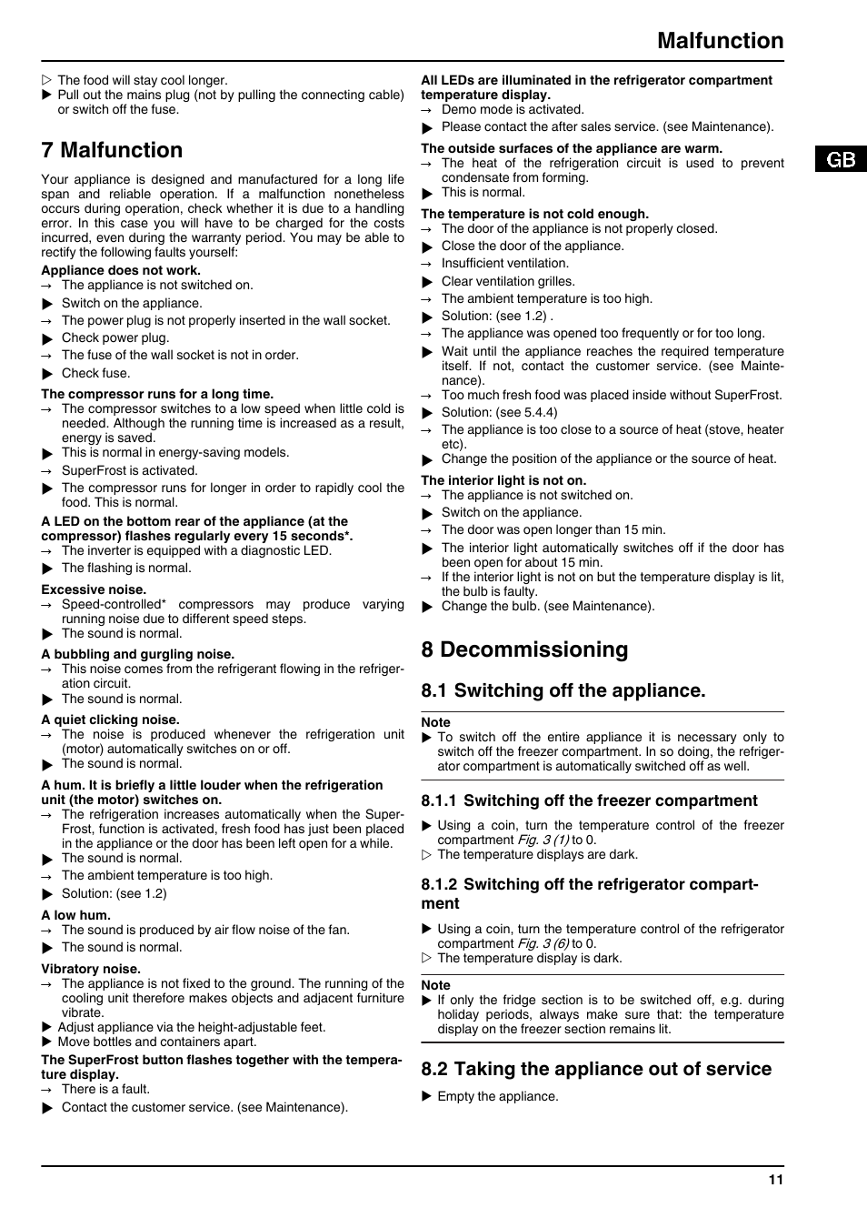 7malfunction, 8decommissioning, 1switching off the appliance | 1switching off the freezer compartment, 2switching off the refrigerator compartment, 2taking the appliance out of service, 7 malfunction, 8 decommissioning, Malfunction, 1 switching off the appliance | Liebherr CNsl 3033 Comfort NoFrost User Manual | Page 11 / 12