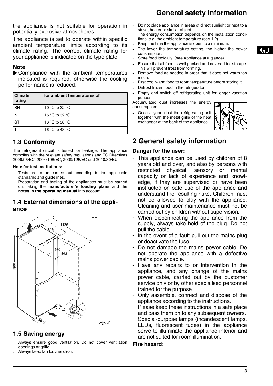 3conformity, 4external dimensions of the appliance, 5saving energy | 2general safety information, 2 general safety information, General safety information | Liebherr CNsl 3033 Comfort NoFrost User Manual | Page 3 / 12