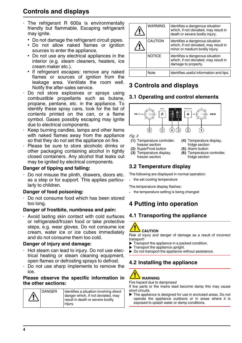3controls and displays, 1operating and control elements, 2temperature display | 4putting into operation, 1transporting the appliance, 2installing the appliance, 3 controls and displays, 4 putting into operation, Controls and displays | Liebherr CNsl 3033 Comfort NoFrost User Manual | Page 4 / 12