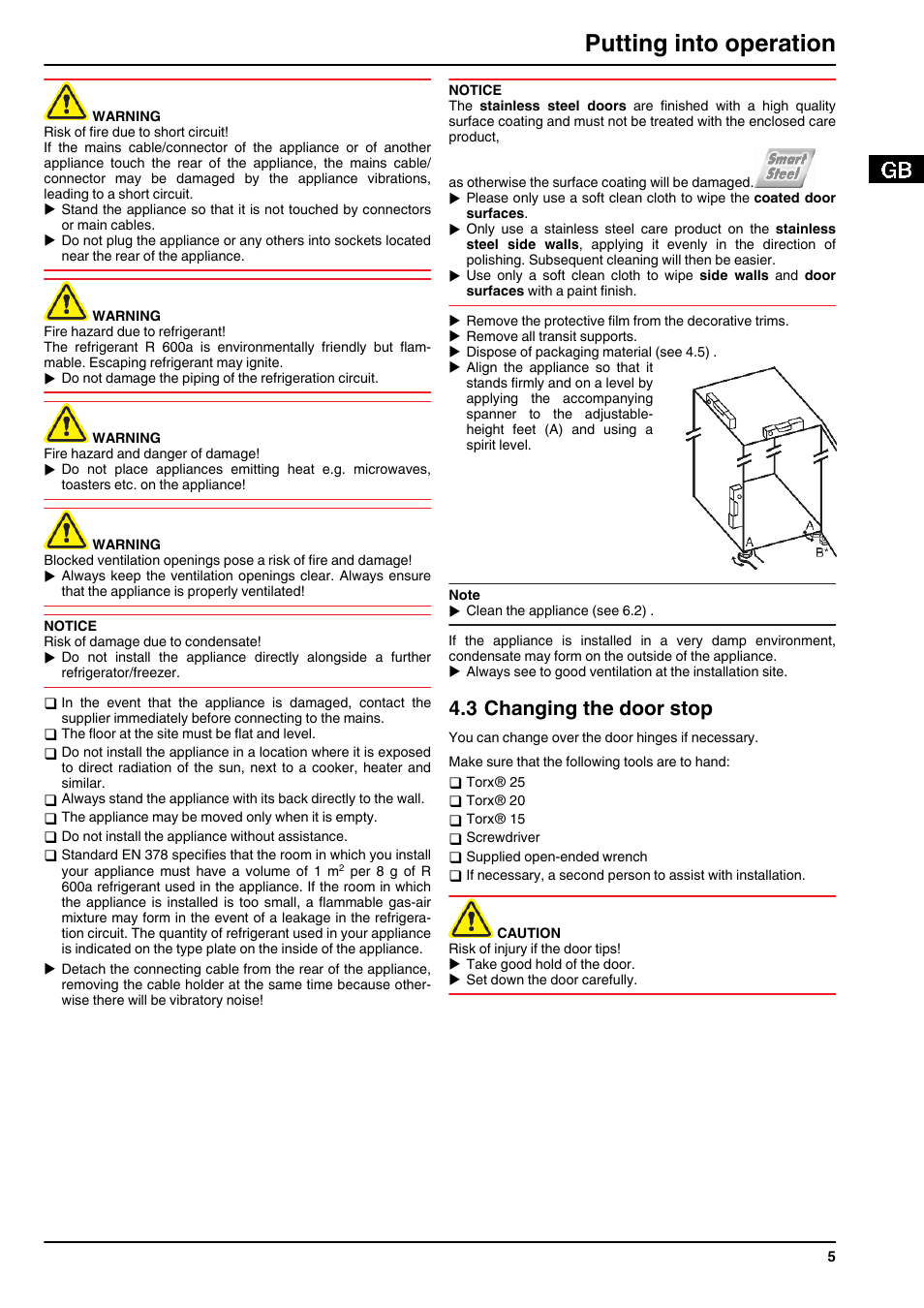 3changing the door stop, Putting into operation, 3 changing the door stop | Liebherr CNsl 3033 Comfort NoFrost User Manual | Page 5 / 12