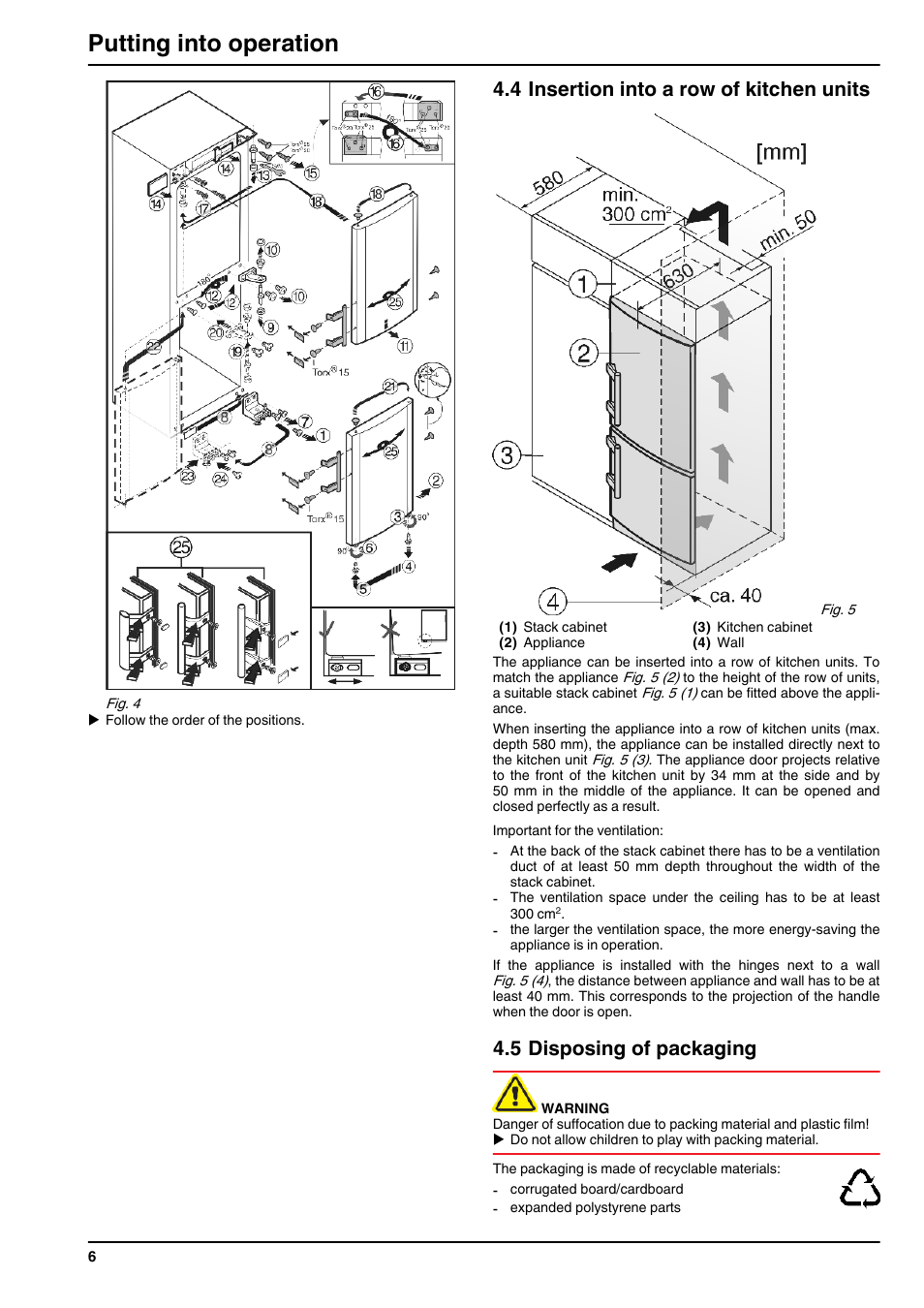 4insertion into a row of kitchen units, 5disposing of packaging, Putting into operation | 4 insertion into a row of kitchen units, 5 disposing of packaging | Liebherr CNsl 3033 Comfort NoFrost User Manual | Page 6 / 12