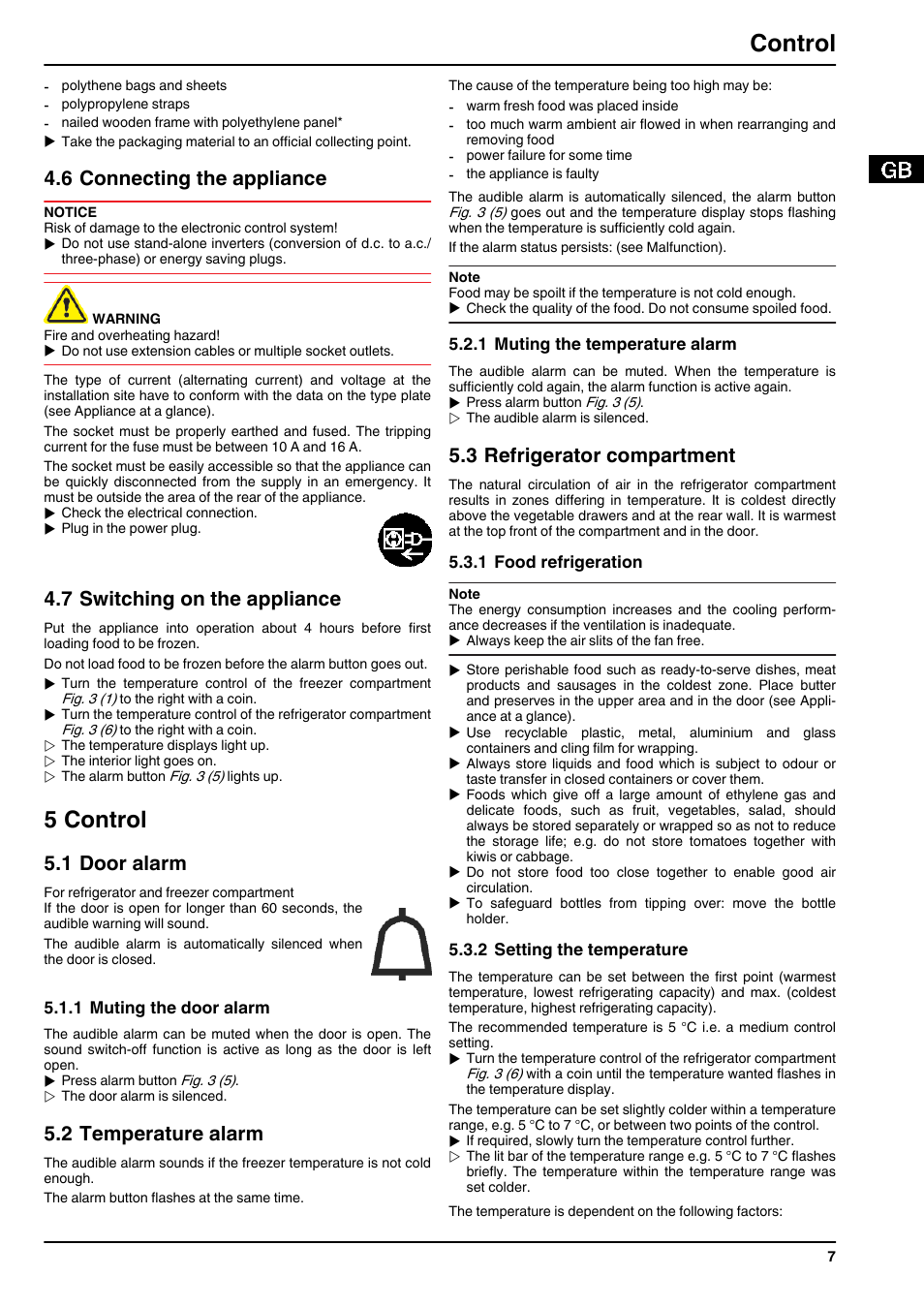 6connecting the appliance, 7switching on the appliance, 5control | 1door alarm, 1muting the door alarm, 2temperature alarm, 1muting the temperature alarm, 3refrigerator compartment, 1food refrigeration, 2setting the temperature | Liebherr CNsl 3033 Comfort NoFrost User Manual | Page 7 / 12