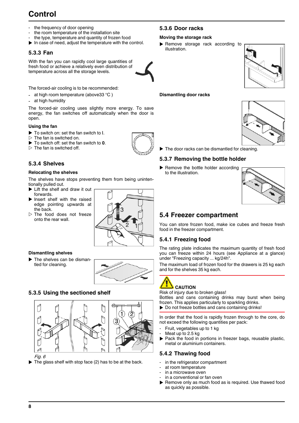 3fan, 4shelves, 5using the sectioned shelf | 6door racks, 7removing the bottle holder, 4freezer compartment, 1freezing food, 2thawing food, Control, 4 freezer compartment | Liebherr CNsl 3033 Comfort NoFrost User Manual | Page 8 / 12