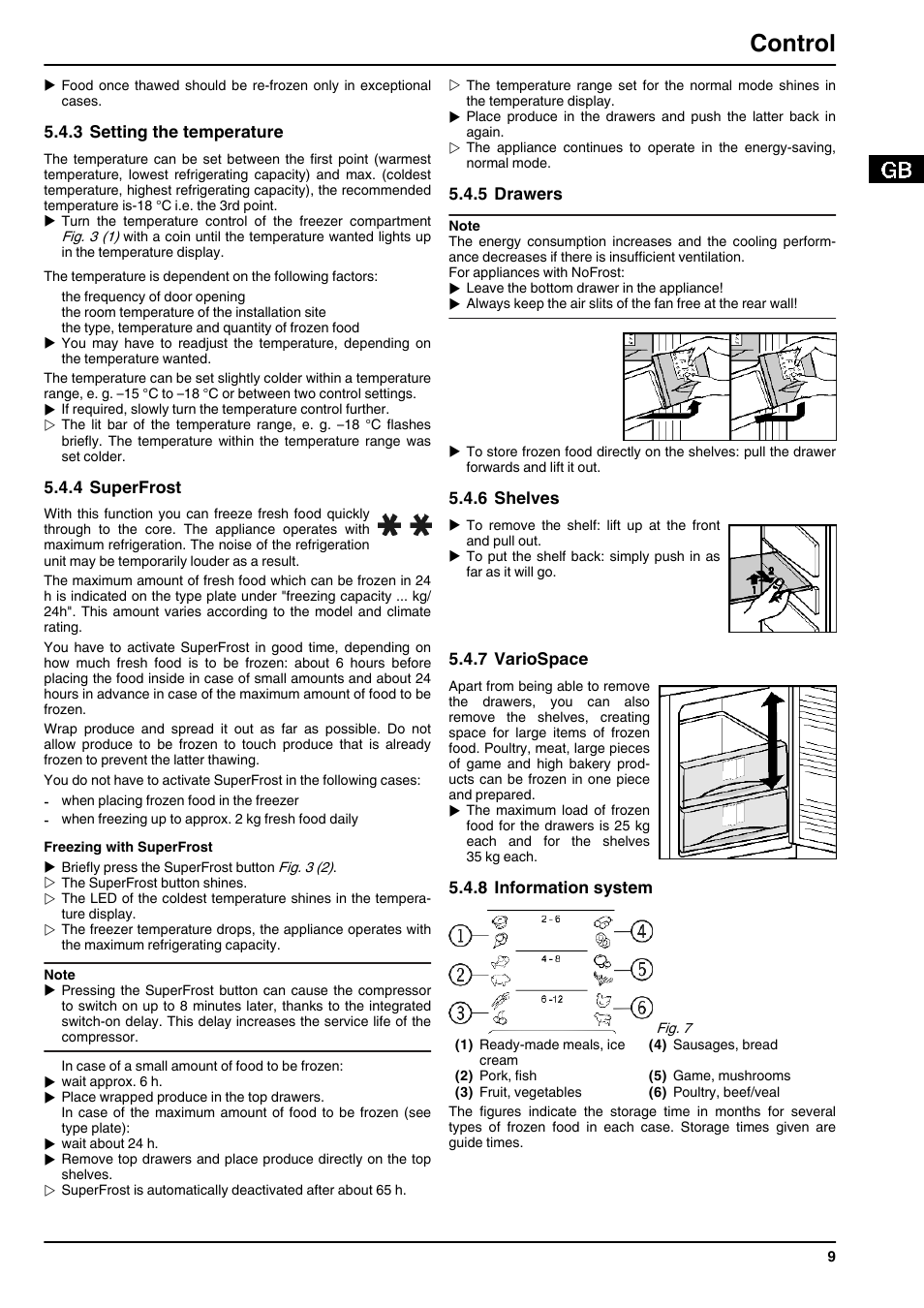 3setting the temperature, 4superfrost, 5drawers | 6shelves, 7variospace, 8information system, Control | Liebherr CNsl 3033 Comfort NoFrost User Manual | Page 9 / 12