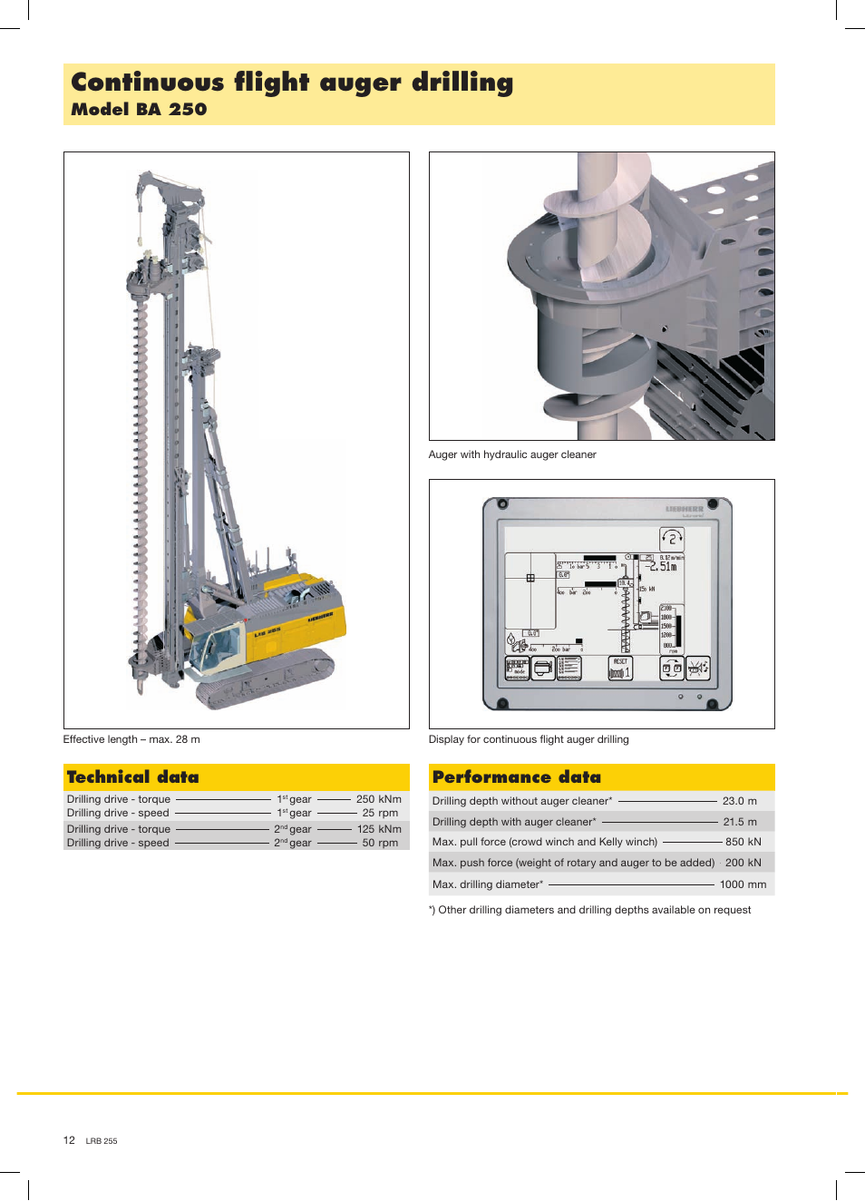 Continuous ﬂ ight auger drilling, Model ba 250, Technical data | Performance data | Liebherr LRB 255 User Manual | Page 12 / 16