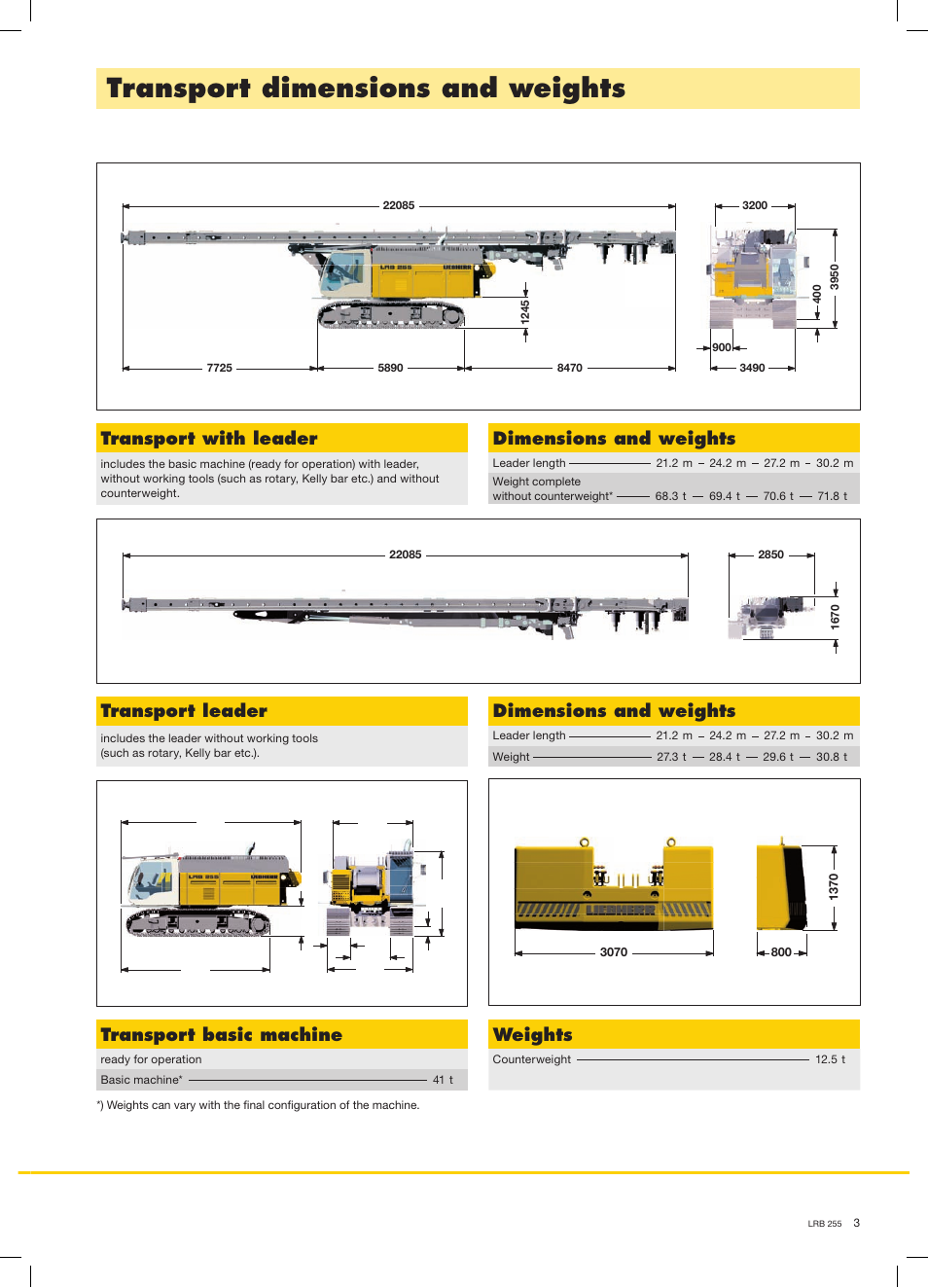 Transport dimensions and weights, Dimensions and weights, Transport leader | Transport basic machine, Weights, Transport with leader | Liebherr LRB 255 User Manual | Page 3 / 16