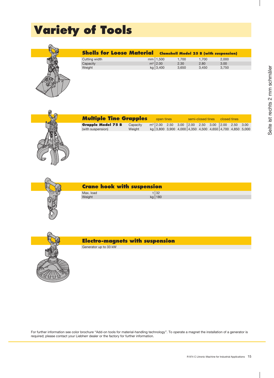 Variety of tools, Shells for loose material, Multiple tine grapples | Crane hook with suspension, Electro-magnets with suspension, Seite ist r echts 2 mm schmäler | Liebherr R 974 C Litronic User Manual | Page 15 / 18