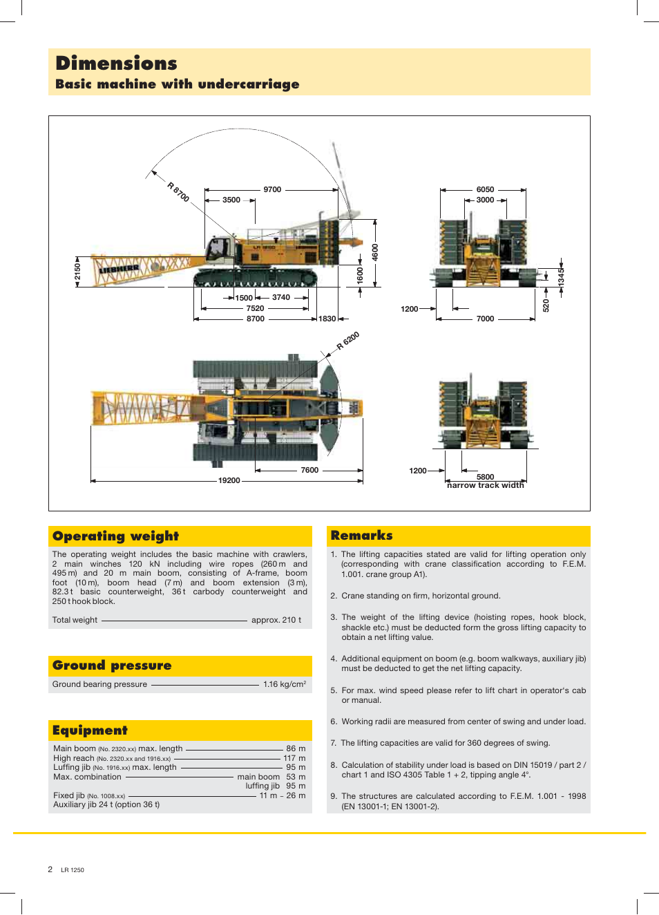 Dimensions, Basic machine with undercarriage, Operating weight | Ground pressure, Equipment, Remarks | Liebherr LR 1250 User Manual | Page 2 / 24