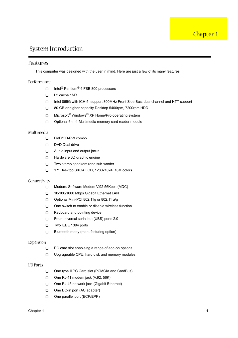 System introduction, Features, System introduction chapter 1 | Performance, Multimedia, Connectivity, Expansion, I/o ports | Acer 1710 User Manual | Page 10 / 118