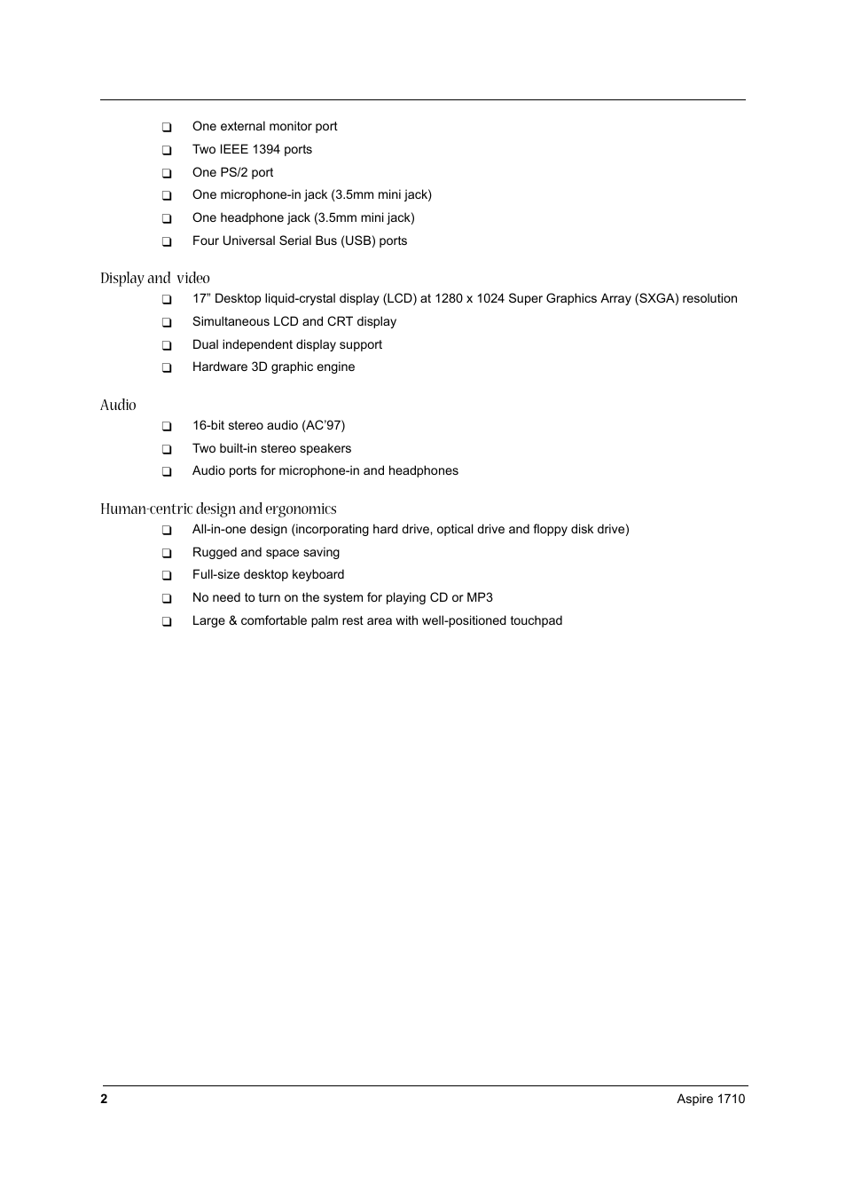 Display and video, Audio, Human-centric design and ergonomics | Acer 1710 User Manual | Page 11 / 118