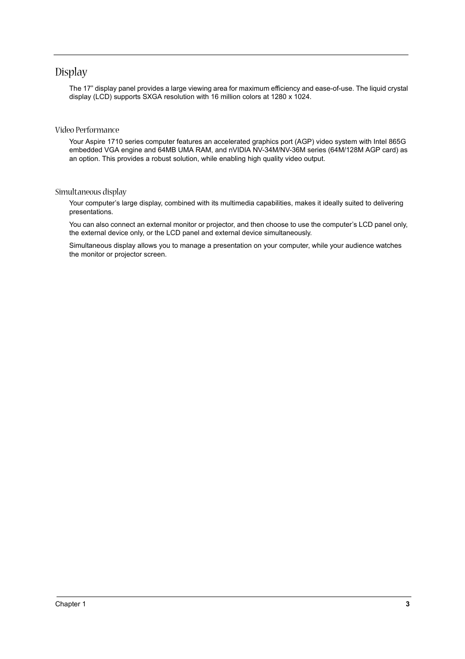 Display | Acer 1710 User Manual | Page 12 / 118