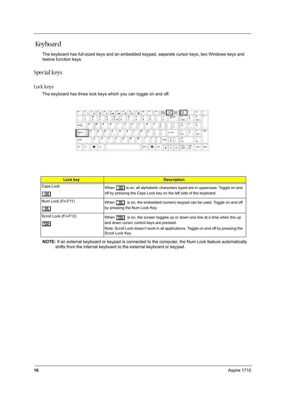 Keyboard, Special keys, Lock keys | Acer 1710 User Manual | Page 25 / 118