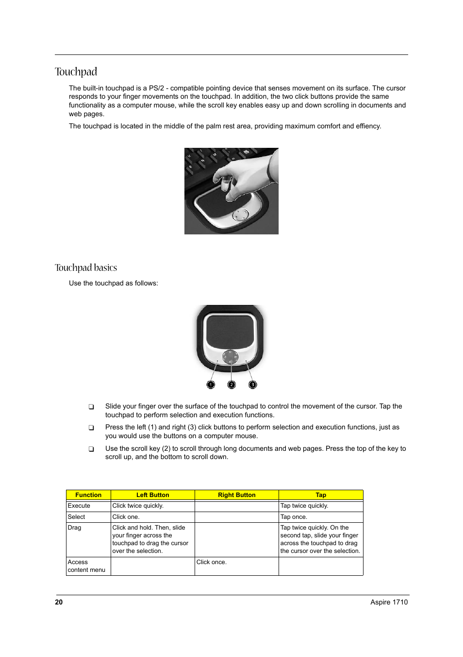 Touchpad, Touchpad basics | Acer 1710 User Manual | Page 29 / 118