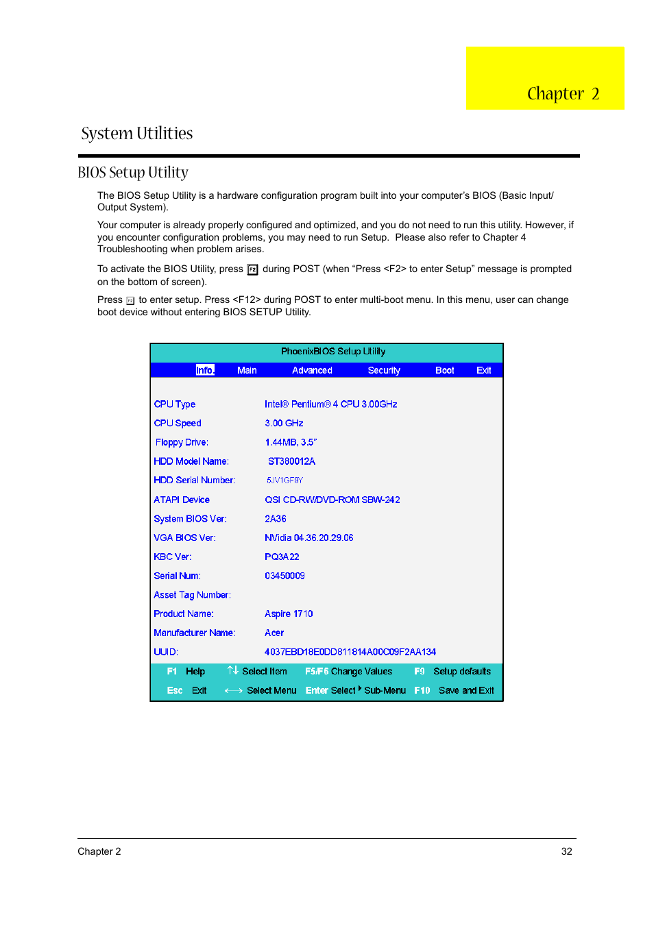 System utilities, Bios setup utility, System utilities chapter 2 | Acer 1710 User Manual | Page 41 / 118