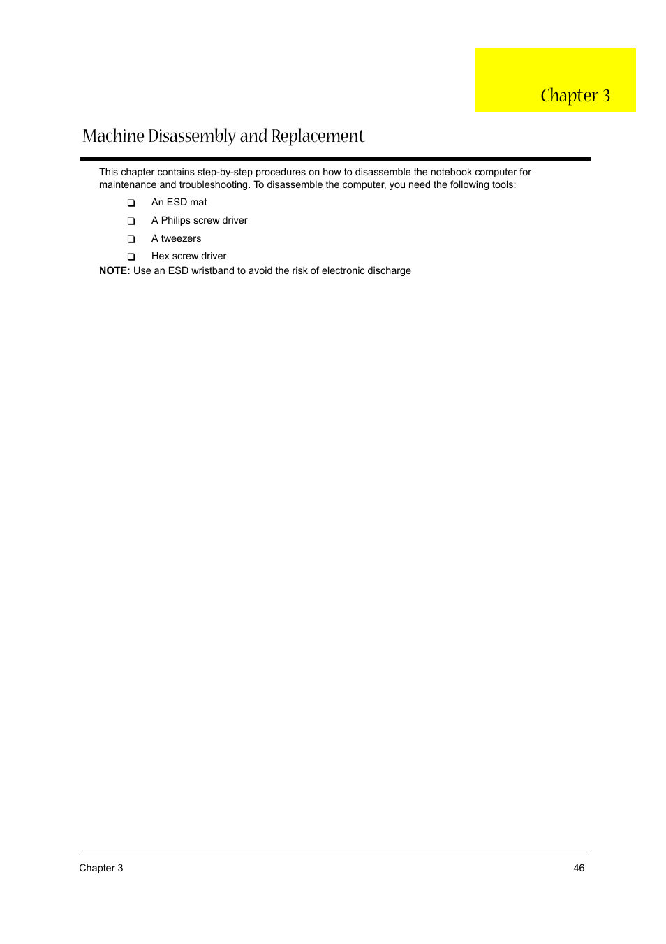 Machine disassembly and replacement, Chapter 3 machine disassembly and replacement | Acer 1710 User Manual | Page 55 / 118