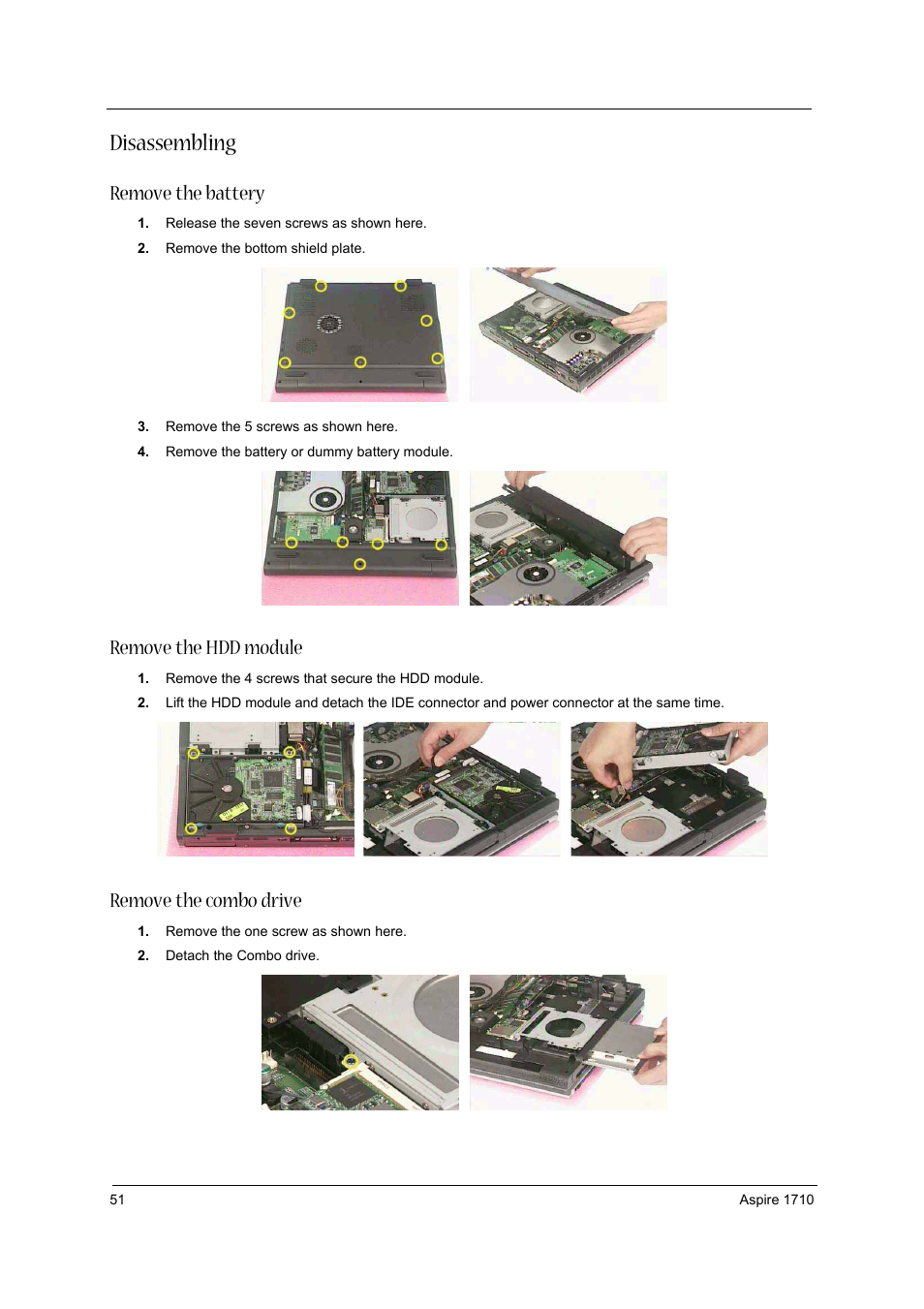 Disassembling, Remove the battery, Remove the hdd module | Remove the combo drive | Acer 1710 User Manual | Page 60 / 118