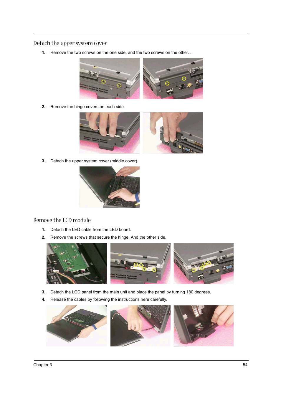 Detach the upper system cover, Remove the lcd module | Acer 1710 User Manual | Page 63 / 118