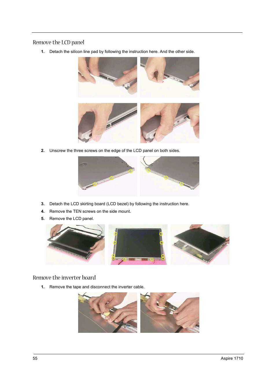 Remove the lcd panel, Remove the inverter board | Acer 1710 User Manual | Page 64 / 118