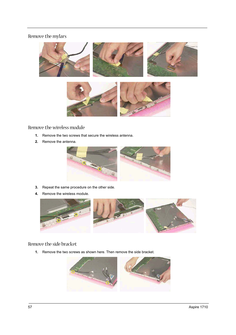 Remove the mylars, Remove the wireless module, Remove the side bracket | Remove the mylars remove the wireless module | Acer 1710 User Manual | Page 66 / 118