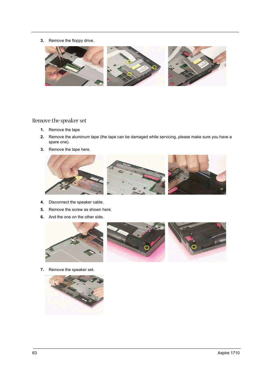 Remove the speaker set | Acer 1710 User Manual | Page 72 / 118