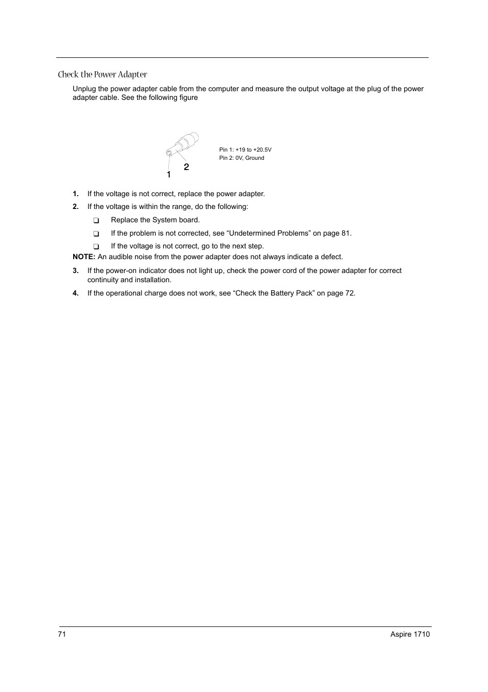 Check the power adapter | Acer 1710 User Manual | Page 80 / 118