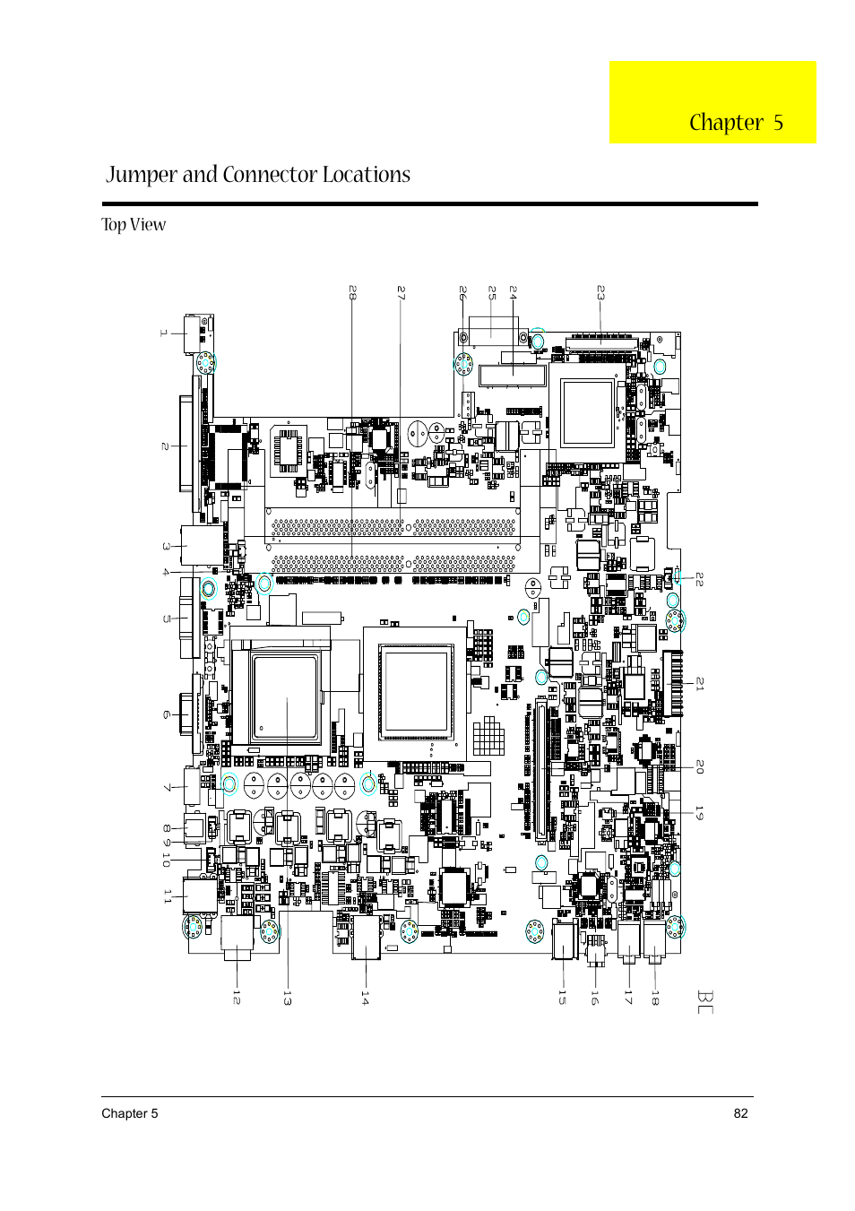 Jumper and connector locations, Top view, Jumper and connector locations chapter 5 | Acer 1710 User Manual | Page 91 / 118