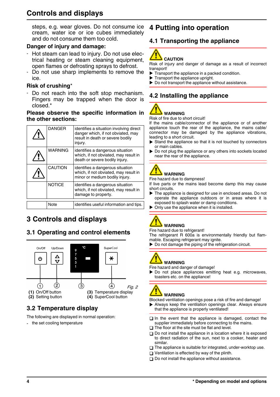 3controls and displays, 1operating and control elements, 2temperature display | 4putting into operation, 1transporting the appliance, 2installing the appliance, 3 controls and displays, 4 putting into operation, Controls and displays, 1 operating and control elements | Liebherr UIK 1424 Comfort User Manual | Page 4 / 10