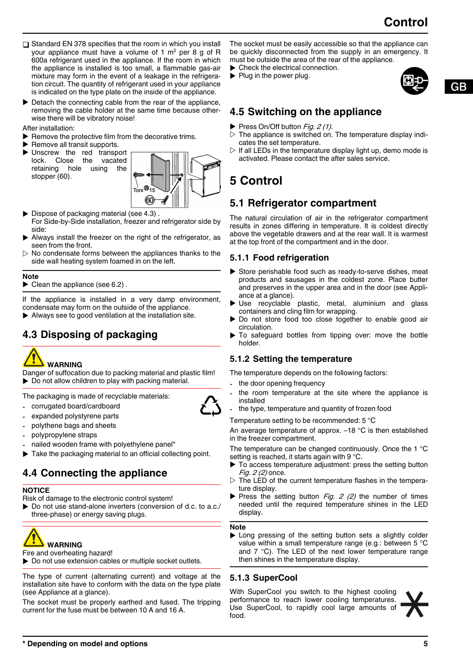 3disposing of packaging, 4connecting the appliance, 5switching on the appliance | 5control, 1refrigerator compartment, 1food refrigeration, 2setting the temperature, 3supercool, 5 control, Control | Liebherr UIK 1424 Comfort User Manual | Page 5 / 10