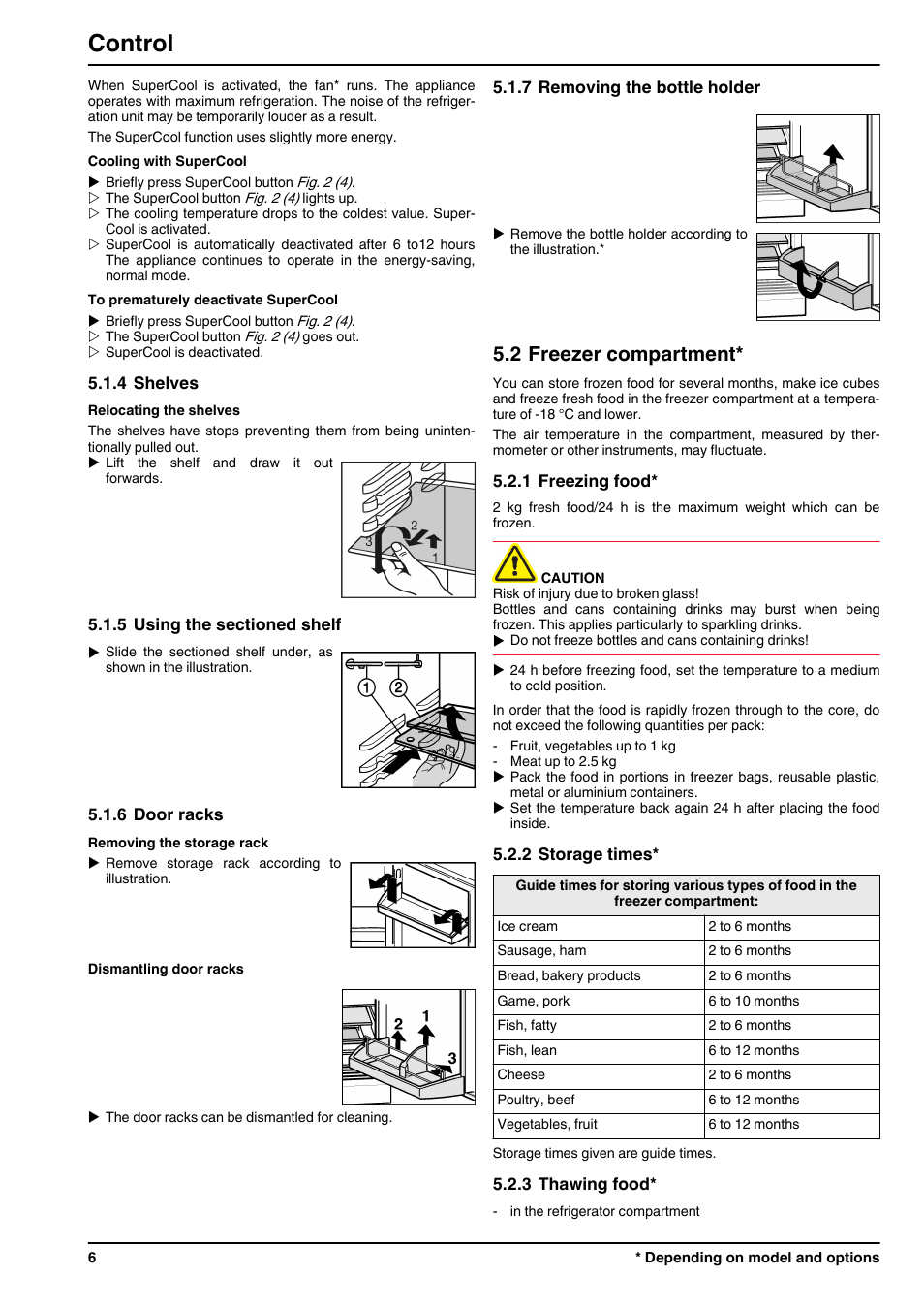 4shelves, 5using the sectioned shelf, 6door racks | 7removing the bottle holder, 2freezer compartment, 1freezing food, 2storage times, 3thawing food, Control, 2 freezer compartment | Liebherr UIK 1424 Comfort User Manual | Page 6 / 10