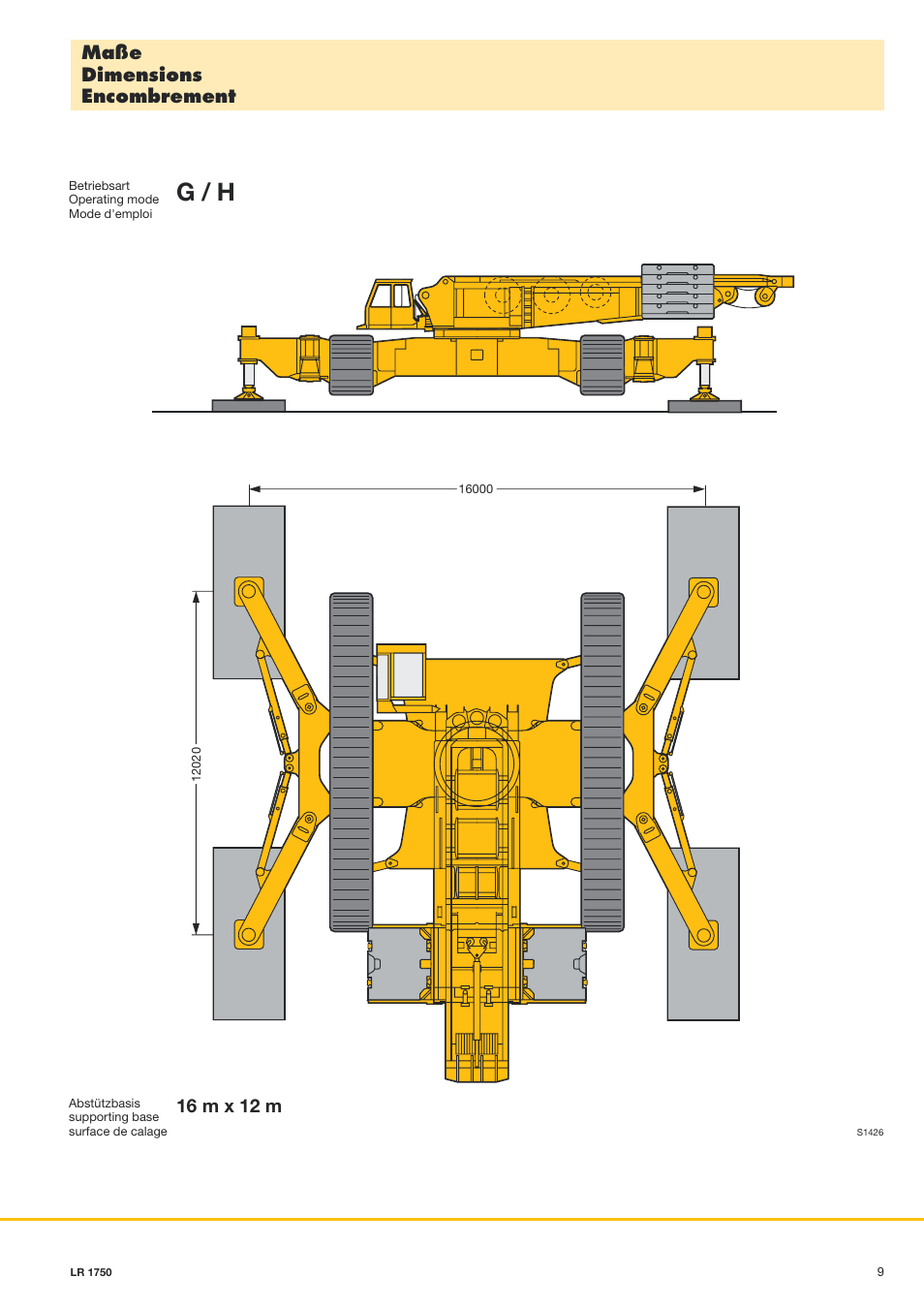 G / h, Maße dimensions encombrement, 16 m x 12 m | Liebherr LR 1750 User Manual | Page 9 / 28