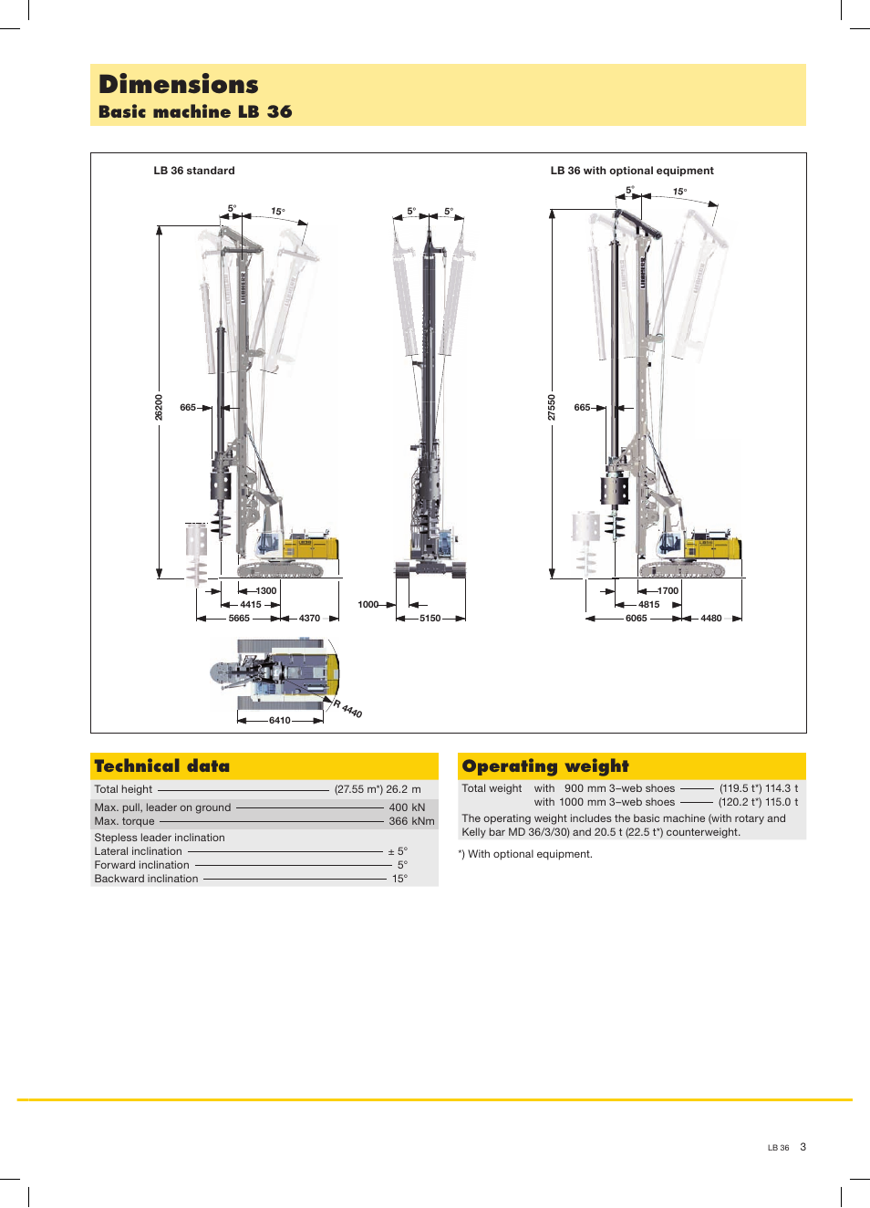 Dimensions, Basic machine lb 36 operating weight, Technical data | Liebherr LB 36 User Manual | Page 3 / 12