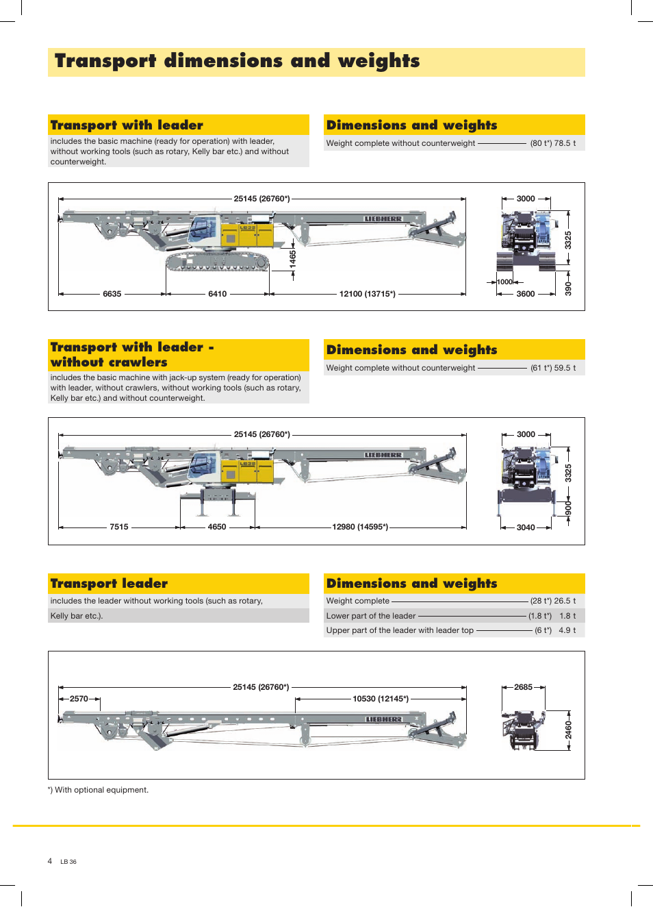 Transport dimensions and weights, Transport with leader, Dimensions and weights | Transport with leader - without crawlers, Transport leader | Liebherr LB 36 User Manual | Page 4 / 12