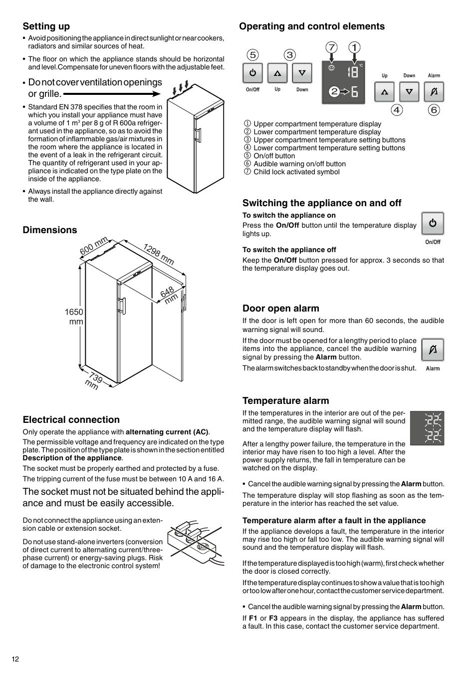 Operating and control elements, Switching the appliance on and off, Door open alarm | Temperature alarm, Dimensions setting up, Do not cover ventilation openings or grille, Electrical connection | Liebherr WTr 4211 Vinothek User Manual | Page 4 / 9