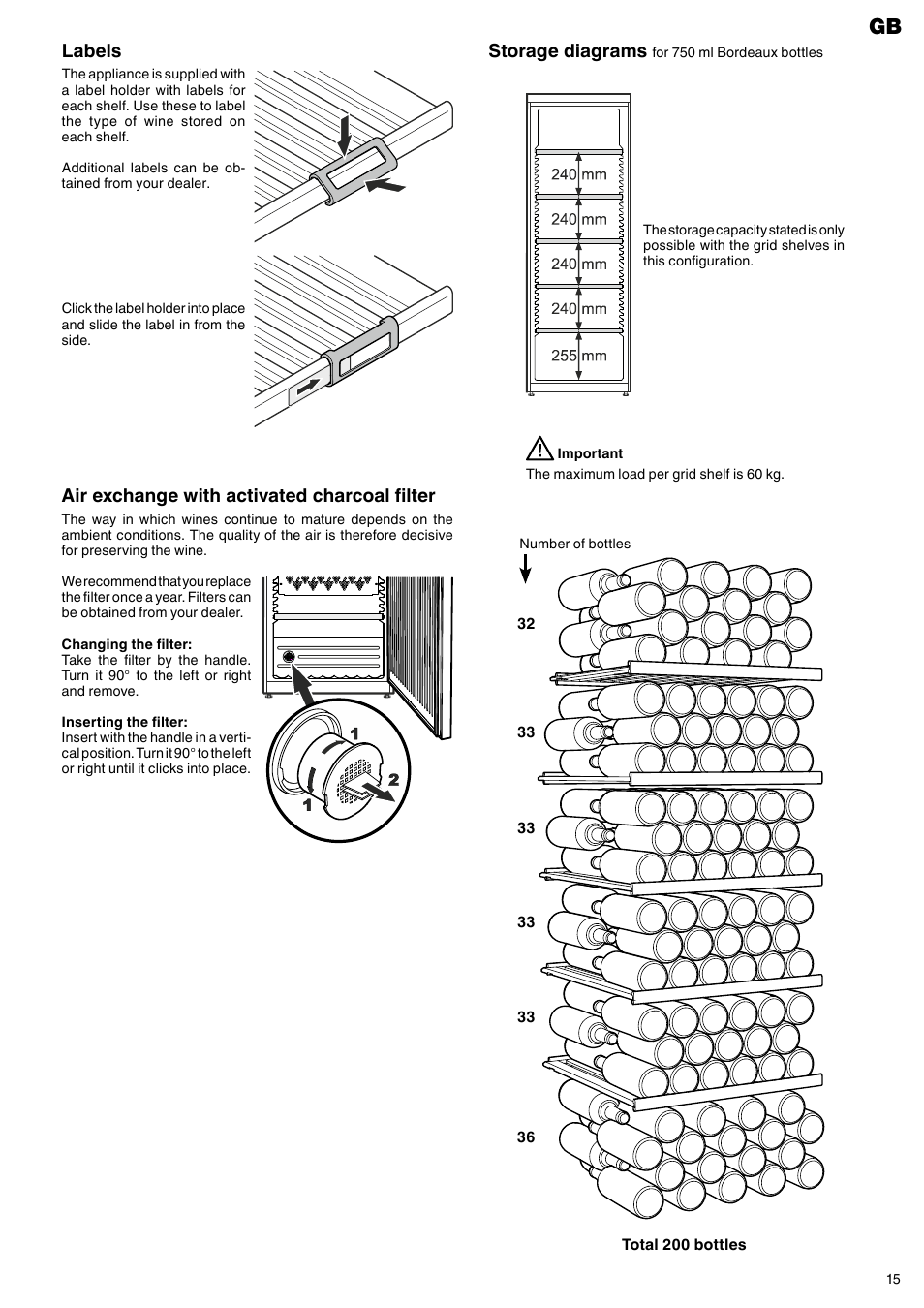 Storage diagrams, Labels, Air exchange with activated charcoal filter | Liebherr WTr 4211 Vinothek User Manual | Page 7 / 9