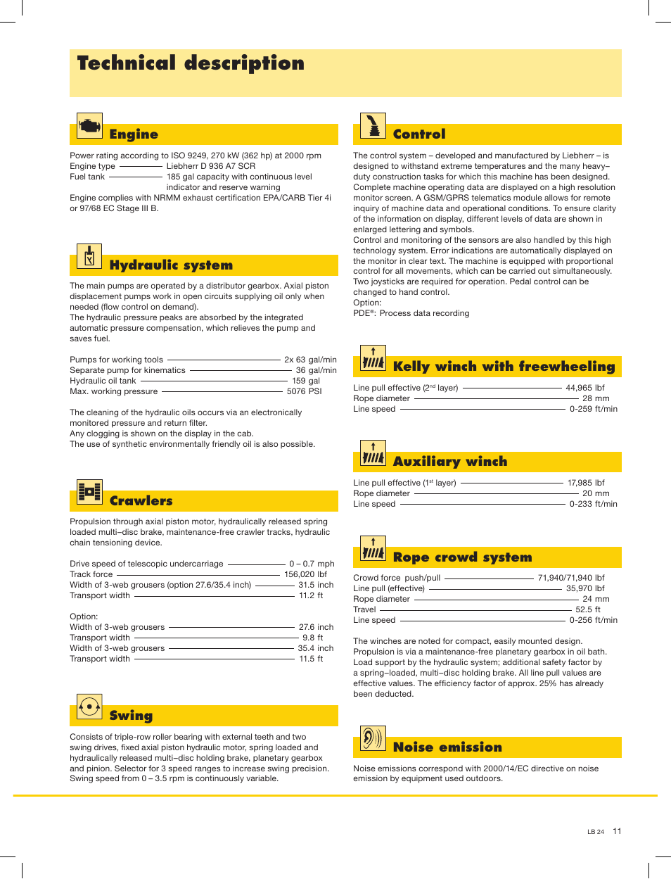 Technical description, Hydraulic system, Swing | Auxiliary winch, Crawlers, Control, Noise emission, Rope crowd system, Engine, Kelly winch with freewheeling | Liebherr LB 24 User Manual | Page 11 / 12